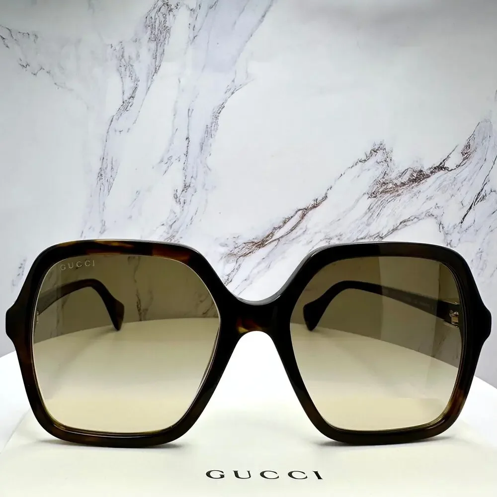 New GUCCI Sunglasses Brown Square Oversized Gold Metal GG Logo 56mm